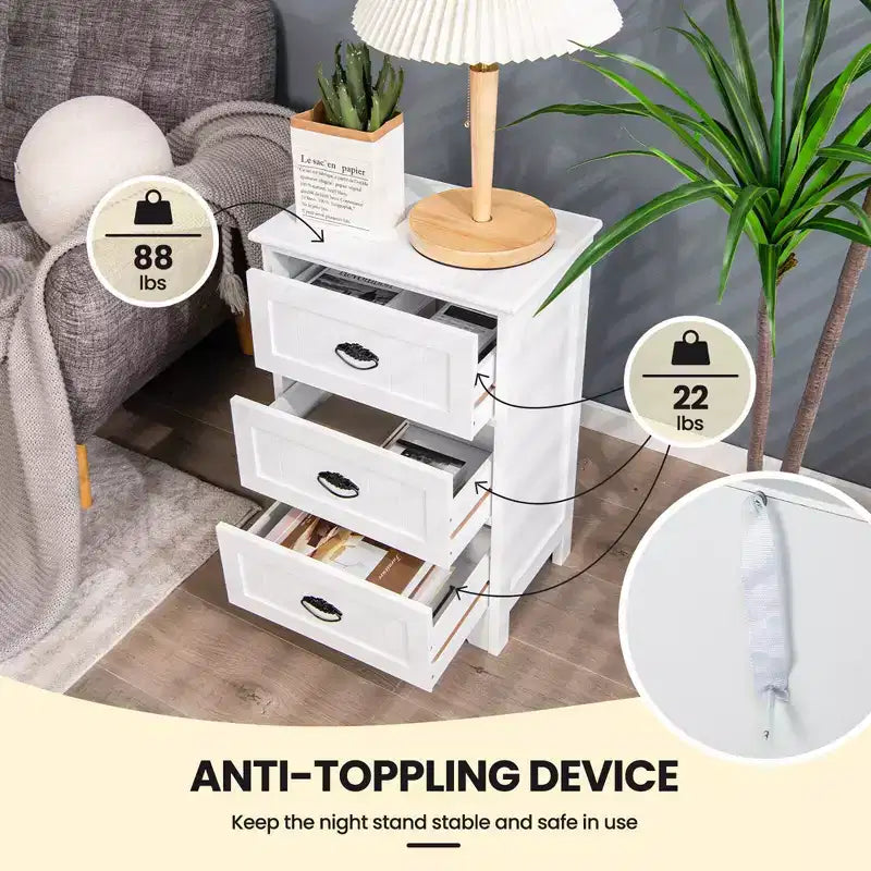 End Table Nightstand Bedroom Storage w/ 3 Drawers & Wood Slide White