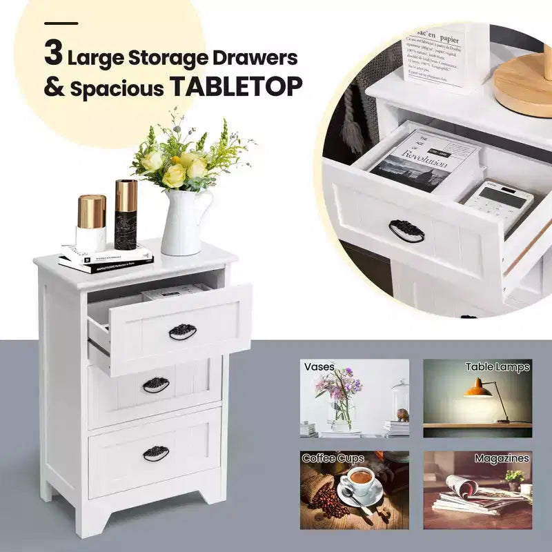 End Table Nightstand Bedroom Storage w/ 3 Drawers & Wood Slide White