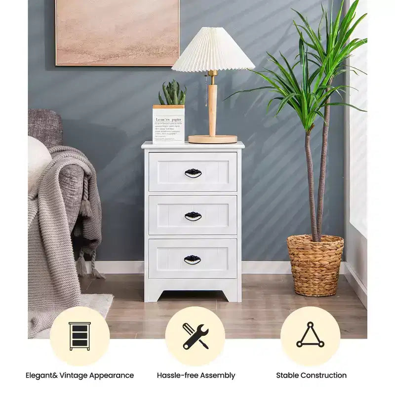 End Table Nightstand Bedroom Storage w/ 3 Drawers & Wood Slide White