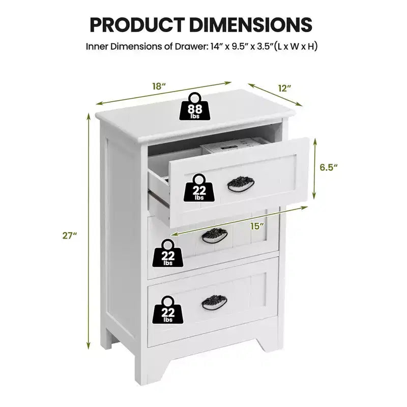 End Table Nightstand Bedroom Storage w/ 3 Drawers & Wood Slide White