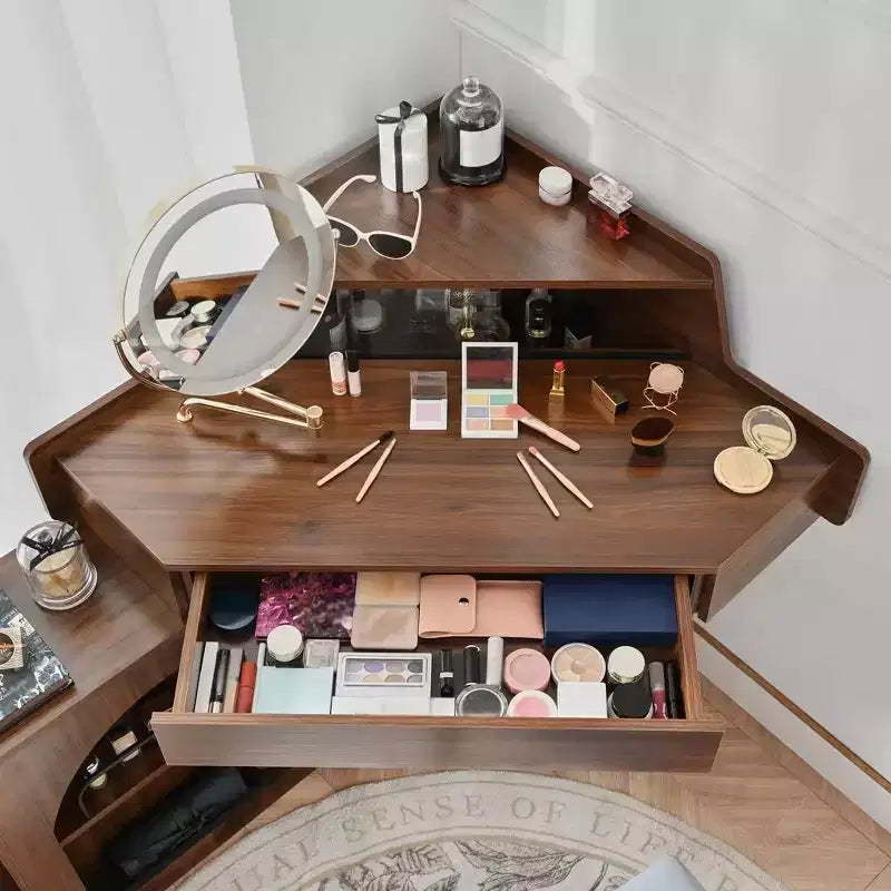 Corner Vanity Desk with Mirror, Modern Makeup Vanity Set With Stool & Cabinet, Wooden Dressing Table with Drawers for Bedroom Bathroom