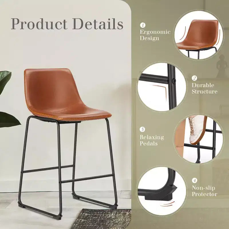 36.2H Mid-Century Modern Bar Stools Set of 2,Faux Leather Counter Height Chairs with Footrest,Dining Chairs for Home Bar,Office,Kitchen