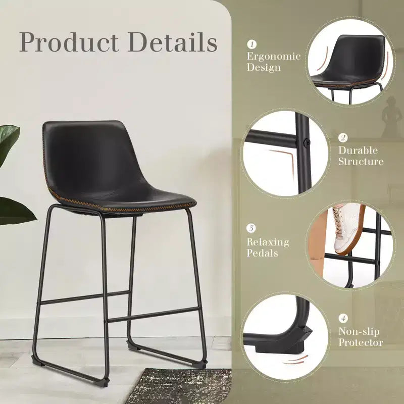 36.2H Mid-Century Modern Bar Stools Set of 2,Faux Leather Counter Height Chairs with Footrest,Dining Chairs for Home Bar,Office,Kitchen