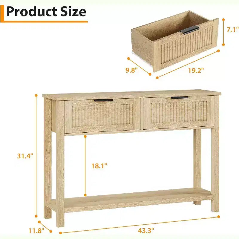43 Farmhouse Entryway Console Table with 2 Drawers & 2-Tier Storage for Living Room, Foyer (Natural wood color)