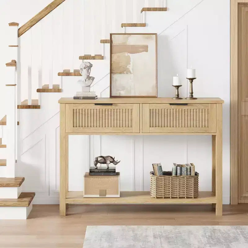 43 Farmhouse Entryway Console Table with 2 Drawers & 2-Tier Storage for Living Room, Foyer (Natural wood color)