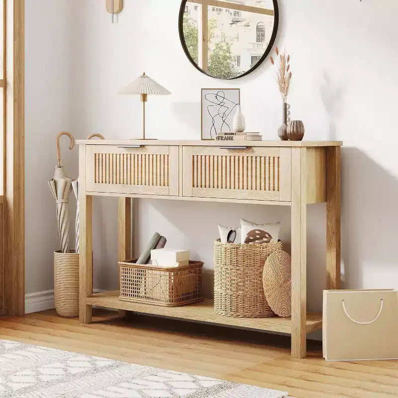 43 Farmhouse Entryway Console Table with 2 Drawers & 2-Tier Storage for Living Room, Foyer (Natural wood color)