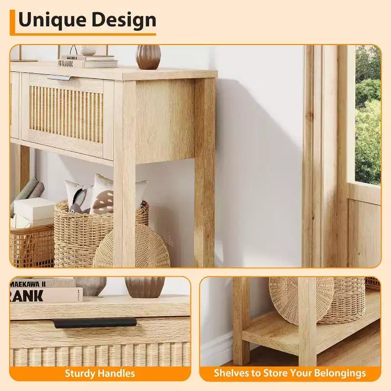 43 Farmhouse Entryway Console Table with 2 Drawers & 2-Tier Storage for Living Room, Foyer (Natural wood color)