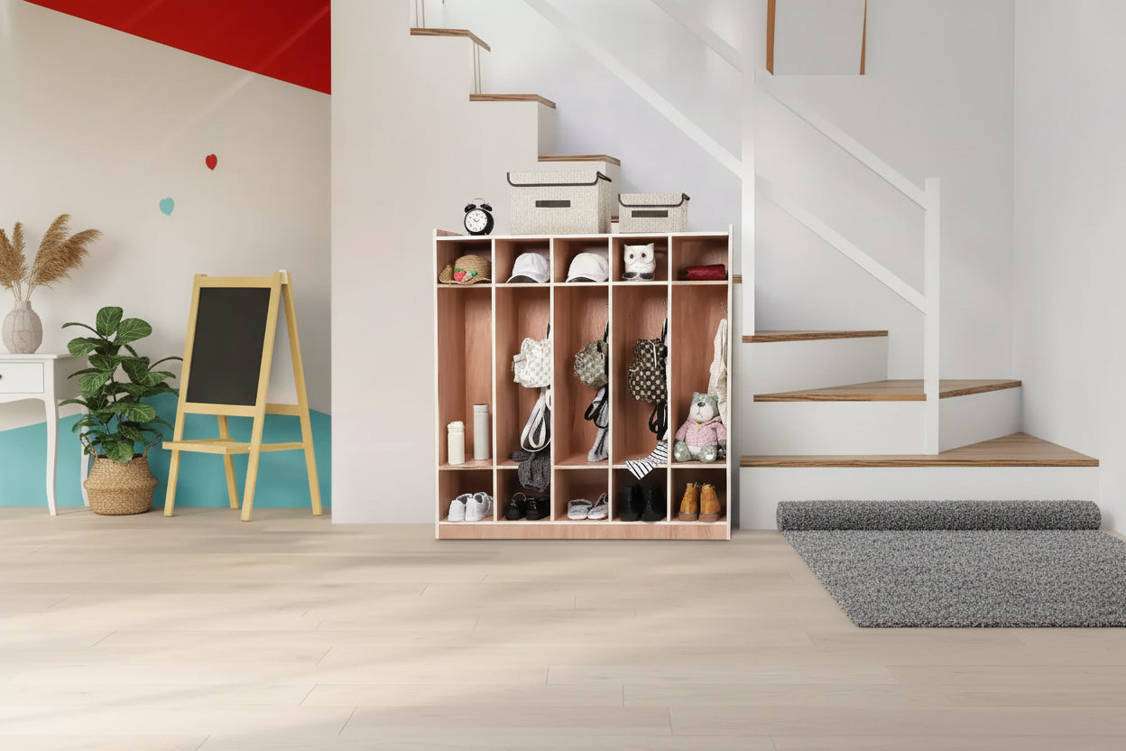 5 Section Coat Locker with Wheels,Wooden Storage Cabinet Cassroom Storage Glazed Surface Cubby,Mobile Storage,Anti-Tip Kit,5 Hooks 10 Cubbies