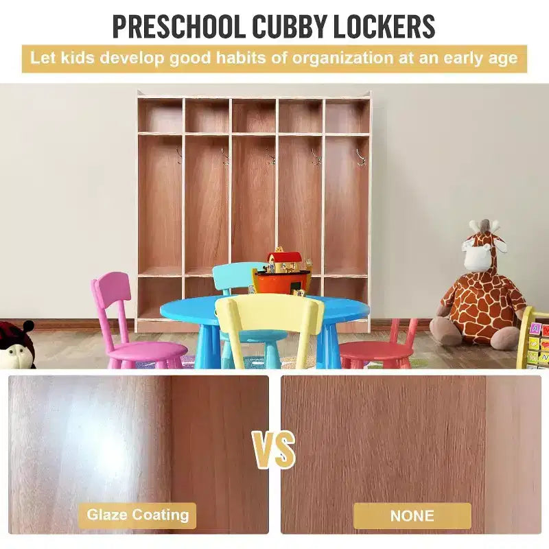 5 Section Coat Locker with Wheels,Wooden Storage Cabinet Cassroom Storage Glazed Surface Cubby,Mobile Storage,Anti-Tip Kit,5 Hooks 10 Cubbies