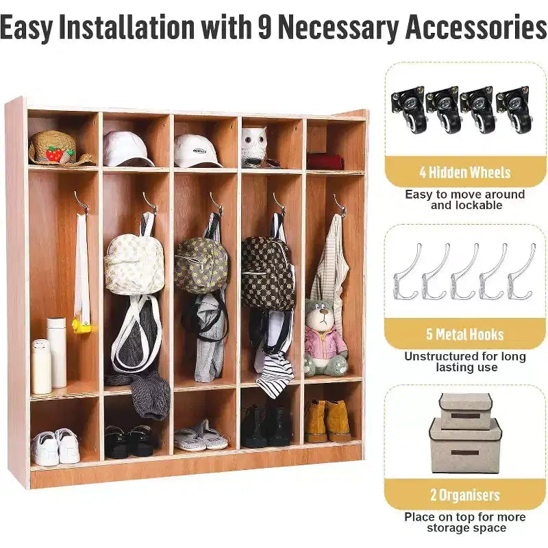 5 Section Coat Locker with Wheels,Wooden Storage Cabinet Cassroom Storage Glazed Surface Cubby,Mobile Storage,Anti-Tip Kit,5 Hooks 10 Cubbies
