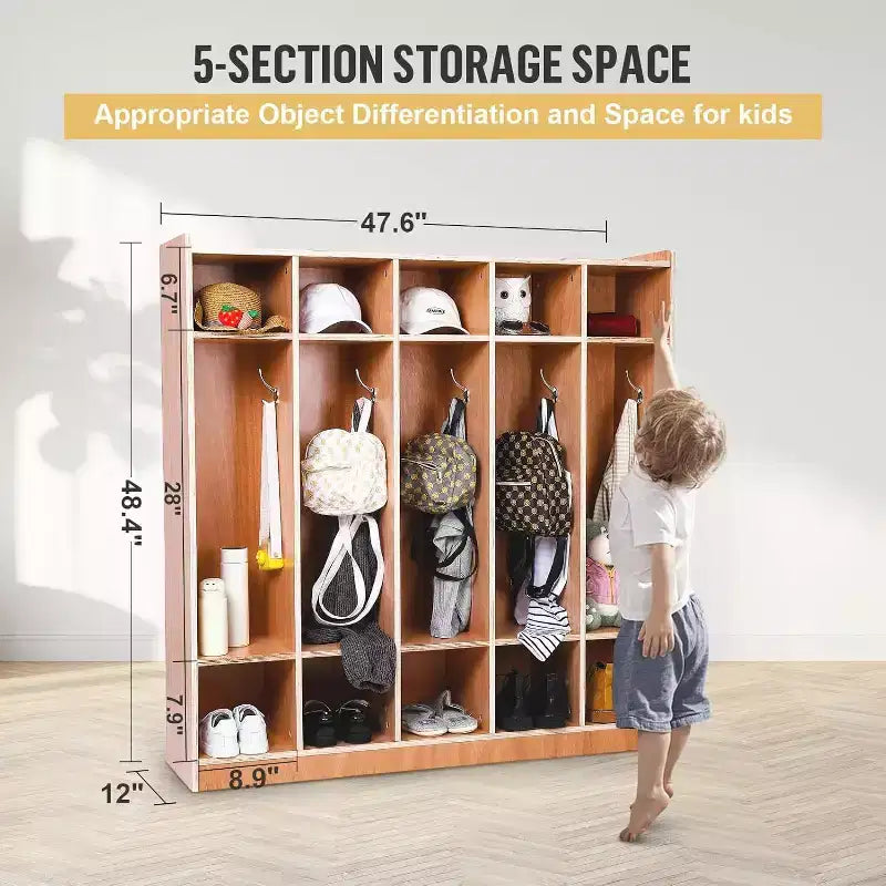 5 Section Coat Locker with Wheels,Wooden Storage Cabinet Cassroom Storage Glazed Surface Cubby,Mobile Storage,Anti-Tip Kit,5 Hooks 10 Cubbies