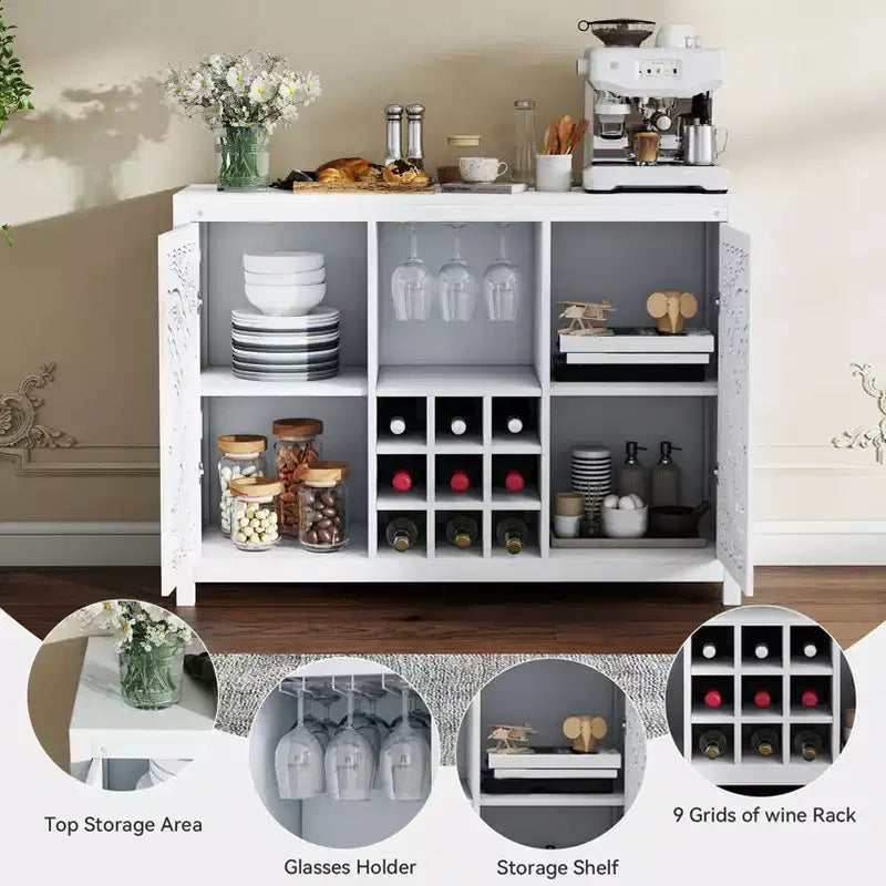 Wine Bar Cabinet with 2 Doors MDF Buffet Storage Liquor Cabinet with Wine Rack and Glass Holder for Living Dining Room Kitchen White