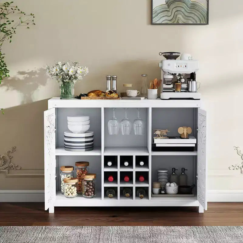 Wine Bar Cabinet with 2 Doors MDF Buffet Storage Liquor Cabinet with Wine Rack and Glass Holder for Living Dining Room Kitchen White