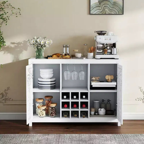 AEELLEEA Wine Bar Cabinet with 2 Doors MDF Buffet Storage Liquor Cabinet with Wine Rack and Glass Holder for Living Dining Room Kitchen White