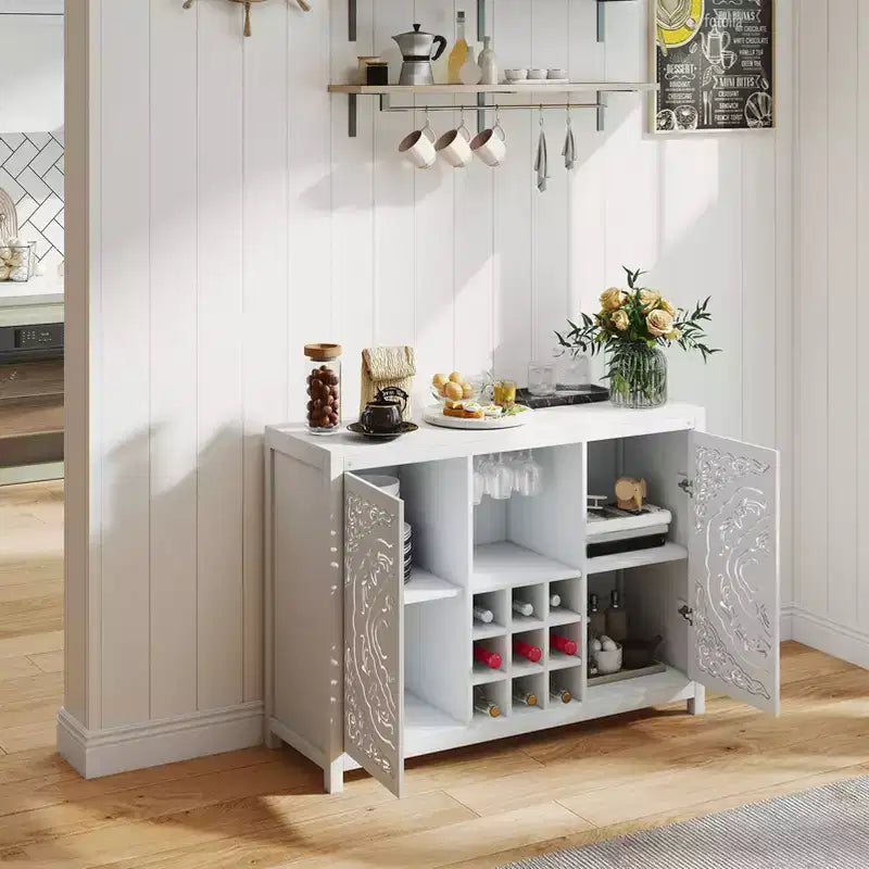 Wine Bar Cabinet with 2 Doors MDF Buffet Storage Liquor Cabinet with Wine Rack and Glass Holder for Living Dining Room Kitchen White