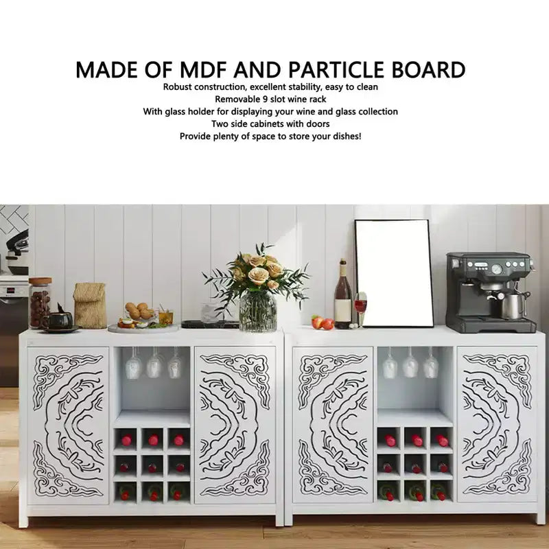 Wine Bar Cabinet with 2 Doors MDF Buffet Storage Liquor Cabinet with Wine Rack and Glass Holder for Living Dining Room Kitchen White
