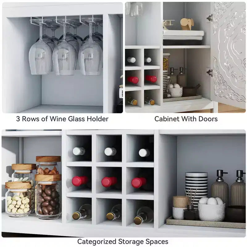 Wine Bar Cabinet with 2 Doors MDF Buffet Storage Liquor Cabinet with Wine Rack and Glass Holder for Living Dining Room Kitchen White