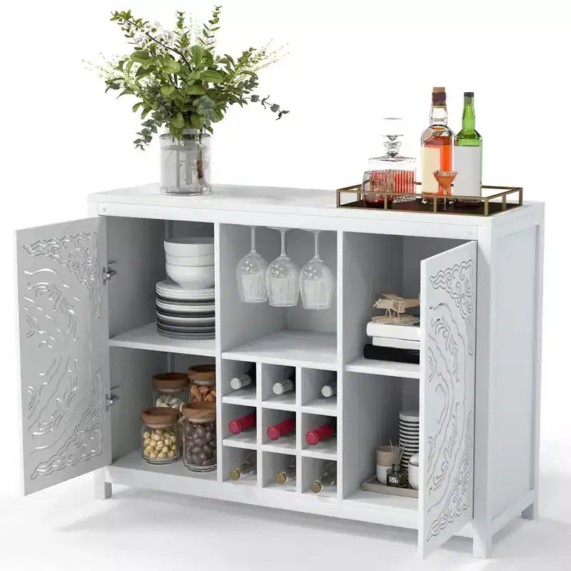 Wine Bar Cabinet with 2 Doors MDF Buffet Storage Liquor Cabinet with Wine Rack and Glass Holder for Living Dining Room Kitchen White