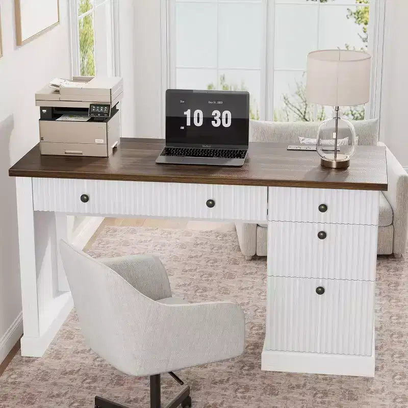 54'' Modern Executive Desk with Storage Cabinet and Drawer C Brown Fluted Computer Writing Desk for Home Office, Study, Living Room