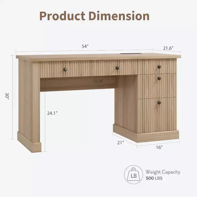 54'' Modern Executive Desk with Storage Cabinet and Drawer C Brown Fluted Computer Writing Desk for Home Office, Study, Living Room