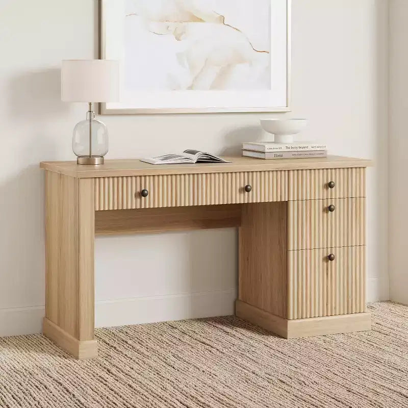 54'' Modern Executive Desk with Storage Cabinet and Drawer C Brown Fluted Computer Writing Desk for Home Office, Study, Living Room