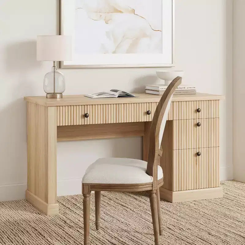 54'' Modern Executive Desk with Storage Cabinet and Drawer C Brown Fluted Computer Writing Desk for Home Office, Study, Living Room