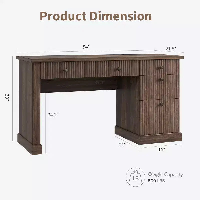 54'' Modern Executive Desk with Storage Cabinet and Drawer C Brown Fluted Computer Writing Desk for Home Office, Study, Living Room
