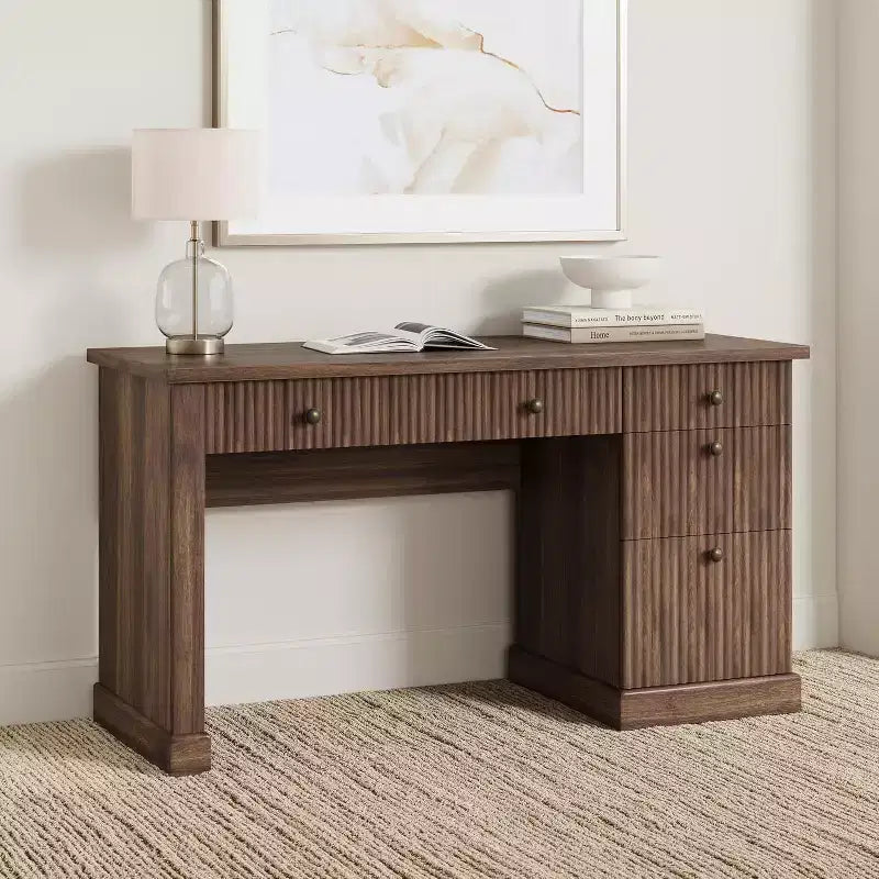 54'' Modern Executive Desk with Storage Cabinet and Drawer C Brown Fluted Computer Writing Desk for Home Office, Study, Living Room
