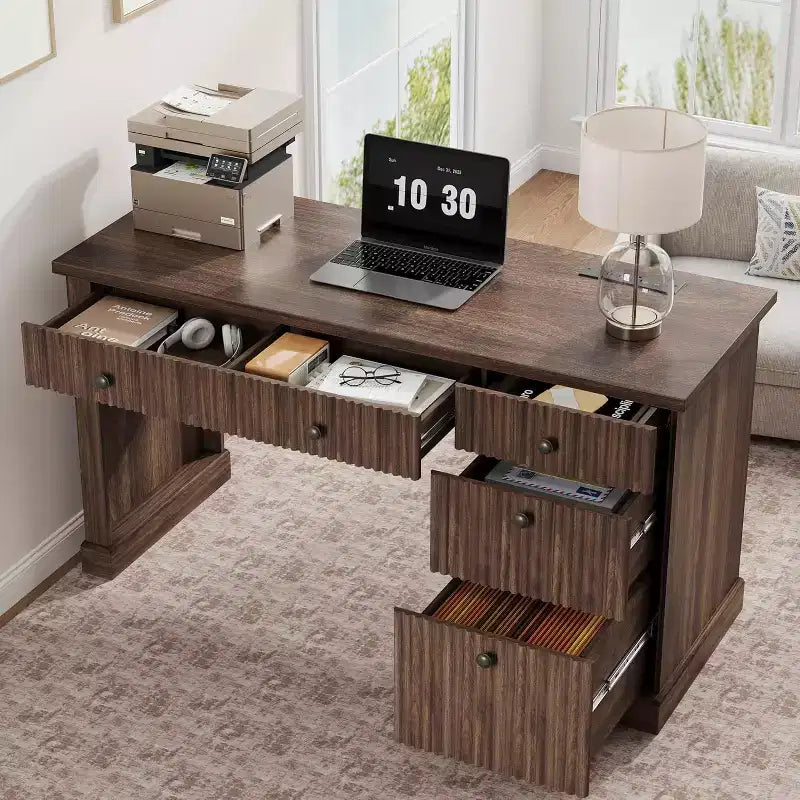 54'' Modern Executive Desk with Storage Cabinet and Drawer C Brown Fluted Computer Writing Desk for Home Office, Study, Living Room