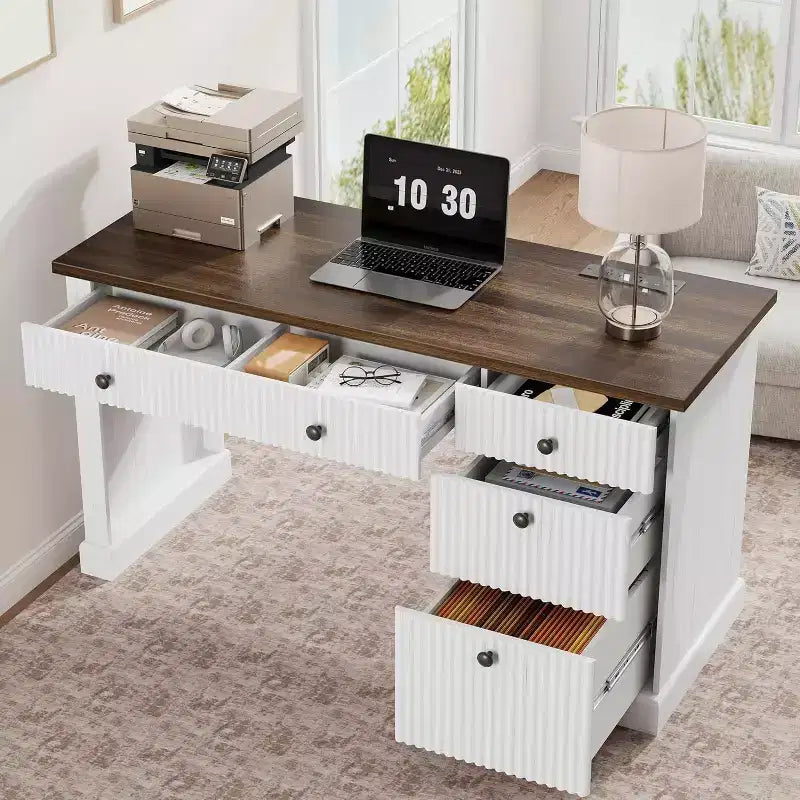 54'' Modern Executive Desk with Storage Cabinet and Drawer C Brown Fluted Computer Writing Desk for Home Office, Study, Living Room