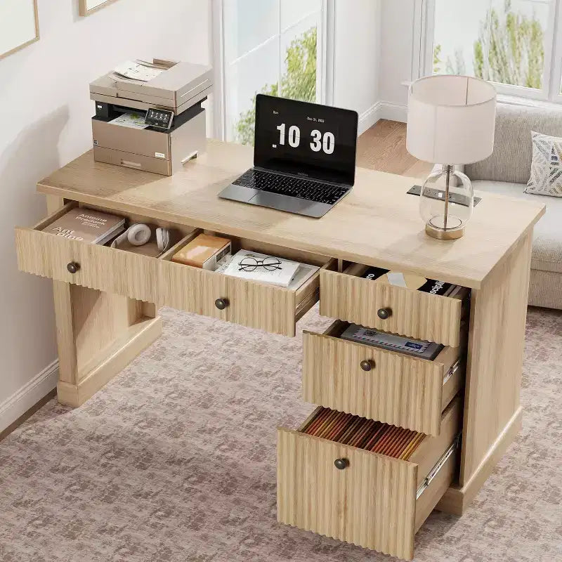 54'' Modern Executive Desk with Storage Cabinet and Drawer C Brown Fluted Computer Writing Desk for Home Office, Study, Living Room
