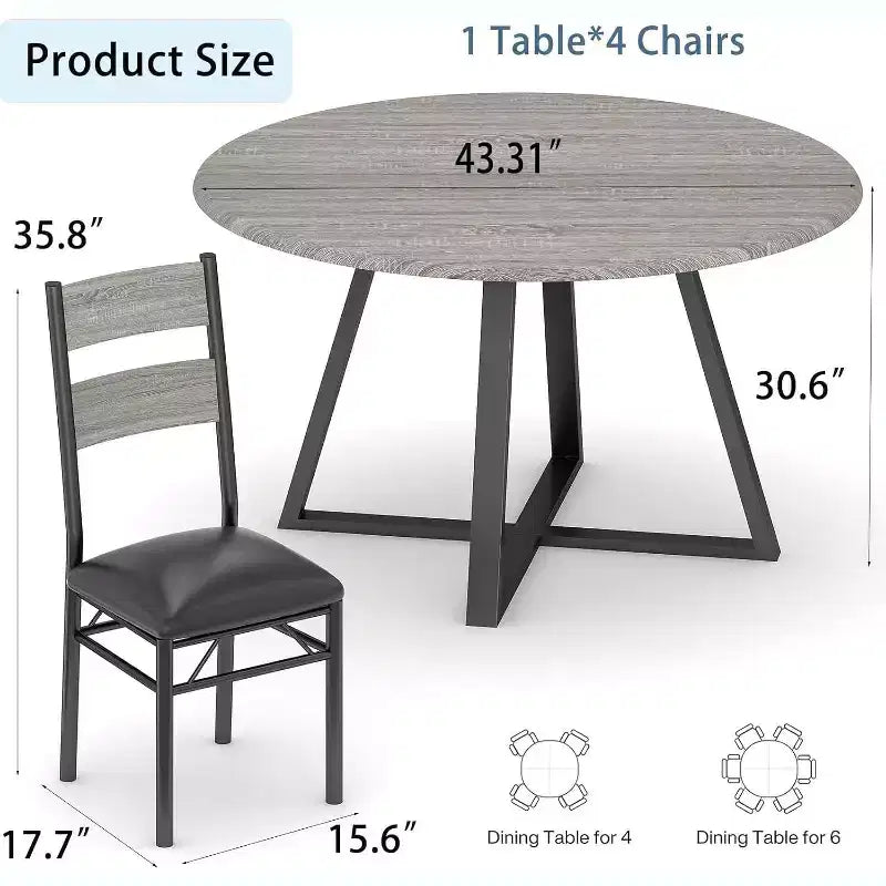 43 Inch Round Dining Table, 5 Piece Kitchen Table and Upholstered Chair Set, Space Saving