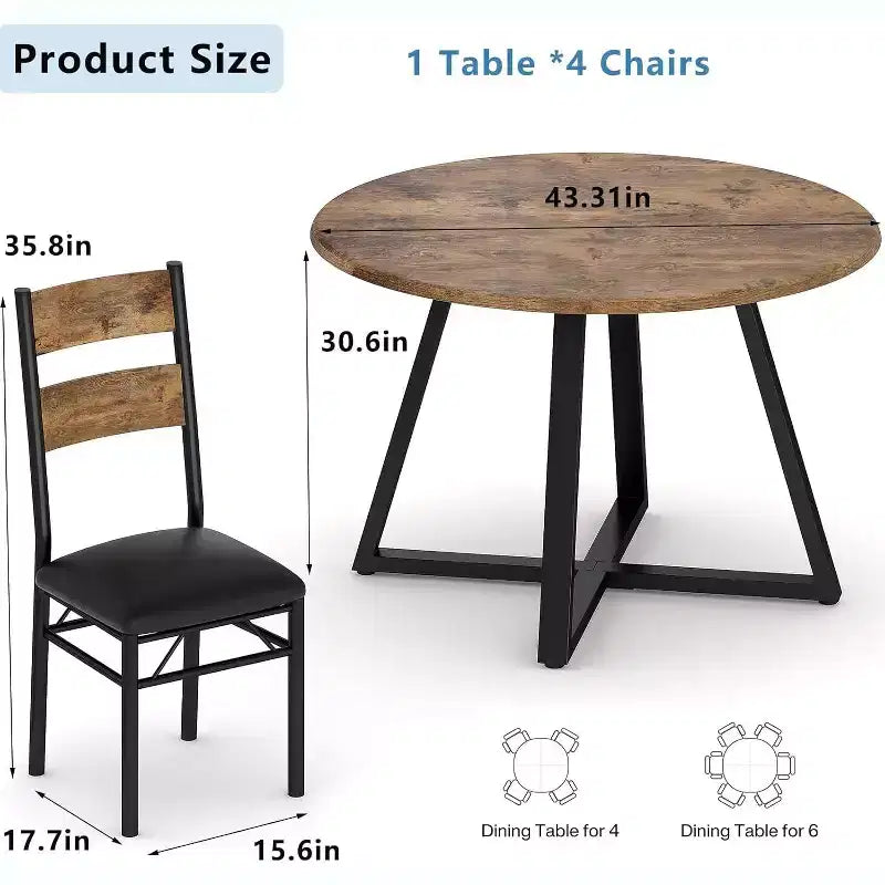 43 Inch Round Dining Table, 5 Piece Kitchen Table and Upholstered Chair Set, Space Saving