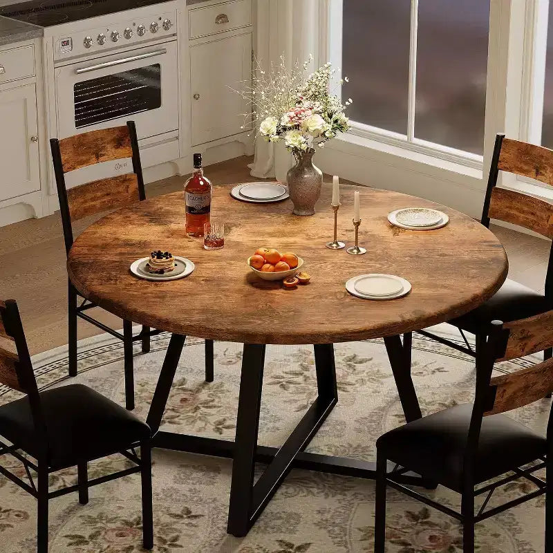 43 Inch Round Dining Table, 5 Piece Kitchen Table and Upholstered Chair Set, Space Saving