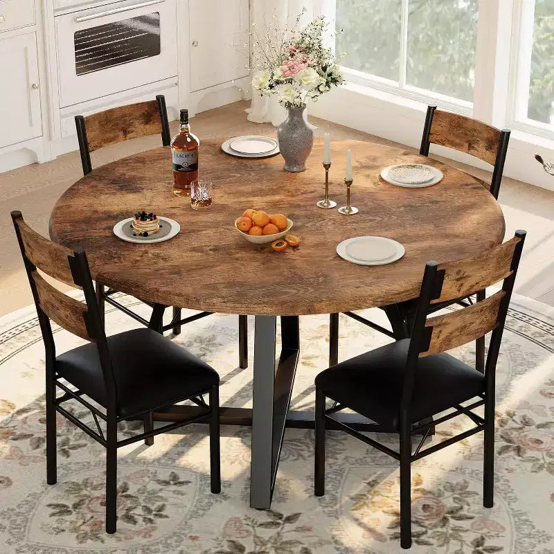 43 Inch Round Dining Table, 5 Piece Kitchen Table and Upholstered Chair Set, Space Saving