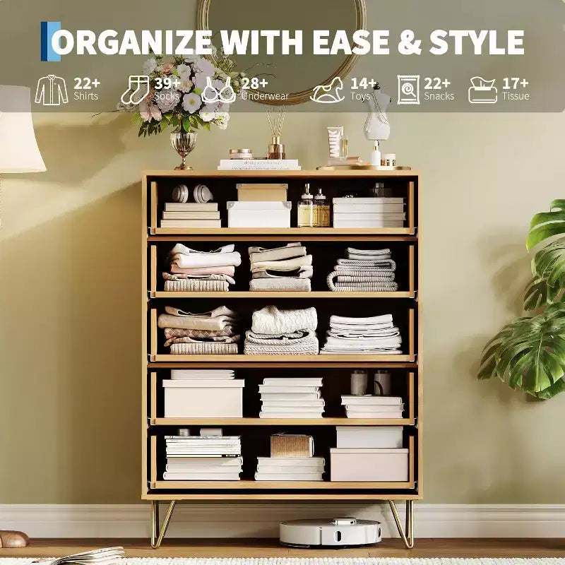 Fluted Dresser for Bedroom with 5 Drawers,32 Wide Modern Chest of Wooden Bedroom Chest with Metal Handle, Wide Clothes Storage Organizer TV Stand