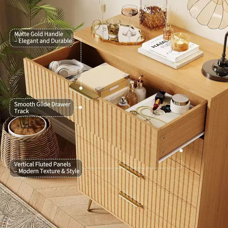 Fluted Dresser for Bedroom with 5 Drawers,32 Wide Modern Chest of Wooden Bedroom Chest with Metal Handle, Wide Clothes Storage Organizer TV Stand