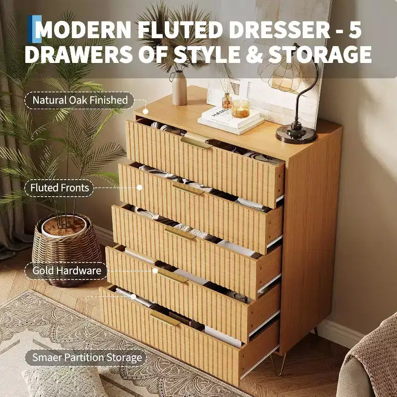 Fluted Dresser for Bedroom with 5 Drawers,32 Wide Modern Chest of Wooden Bedroom Chest with Metal Handle, Wide Clothes Storage Organizer TV Stand