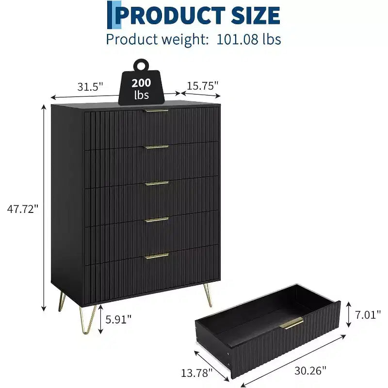 Fluted Dresser for Bedroom with 5 Drawers,32 Wide Modern Chest of Wooden Bedroom Chest with Metal Handle, Wide Clothes Storage Organizer TV Stand