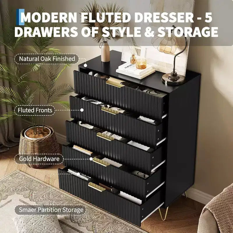 Fluted Dresser for Bedroom with 5 Drawers,32 Wide Modern Chest of Wooden Bedroom Chest with Metal Handle, Wide Clothes Storage Organizer TV Stand