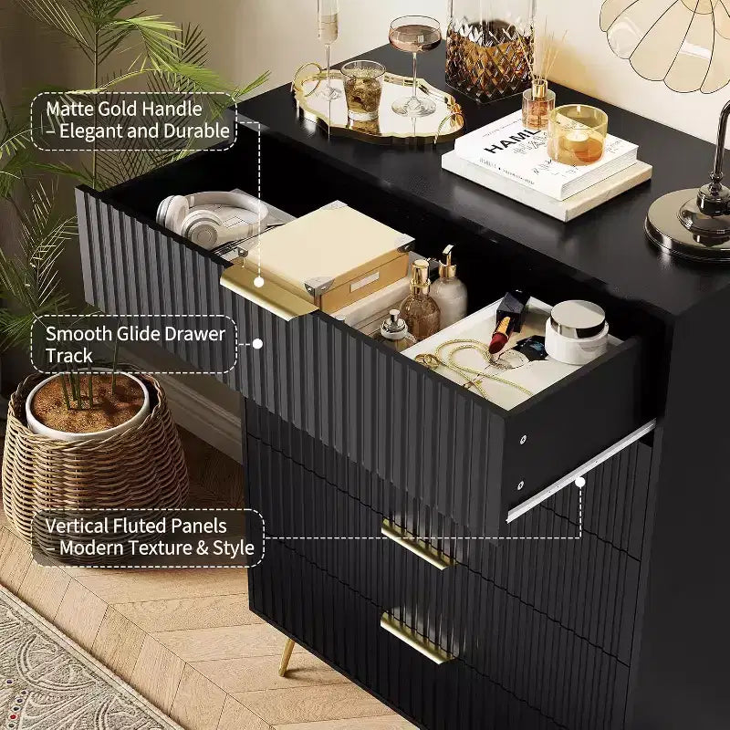 Fluted Dresser for Bedroom with 5 Drawers,32 Wide Modern Chest of Wooden Bedroom Chest with Metal Handle, Wide Clothes Storage Organizer TV Stand