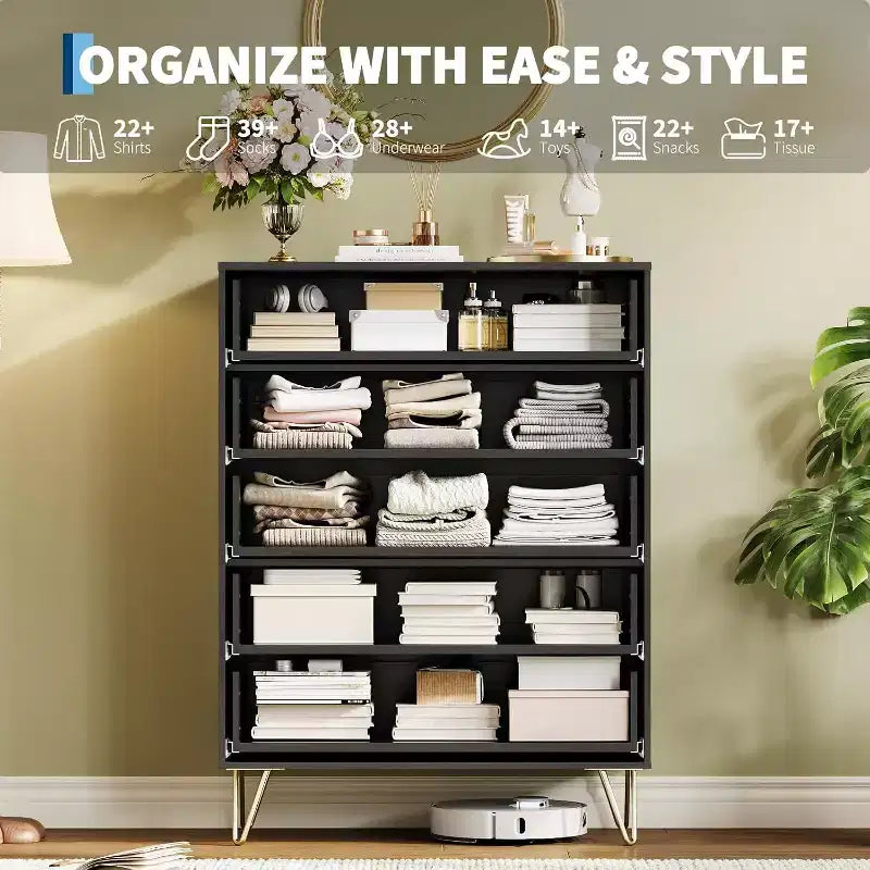 Fluted Dresser for Bedroom with 5 Drawers,32 Wide Modern Chest of Wooden Bedroom Chest with Metal Handle, Wide Clothes Storage Organizer TV Stand