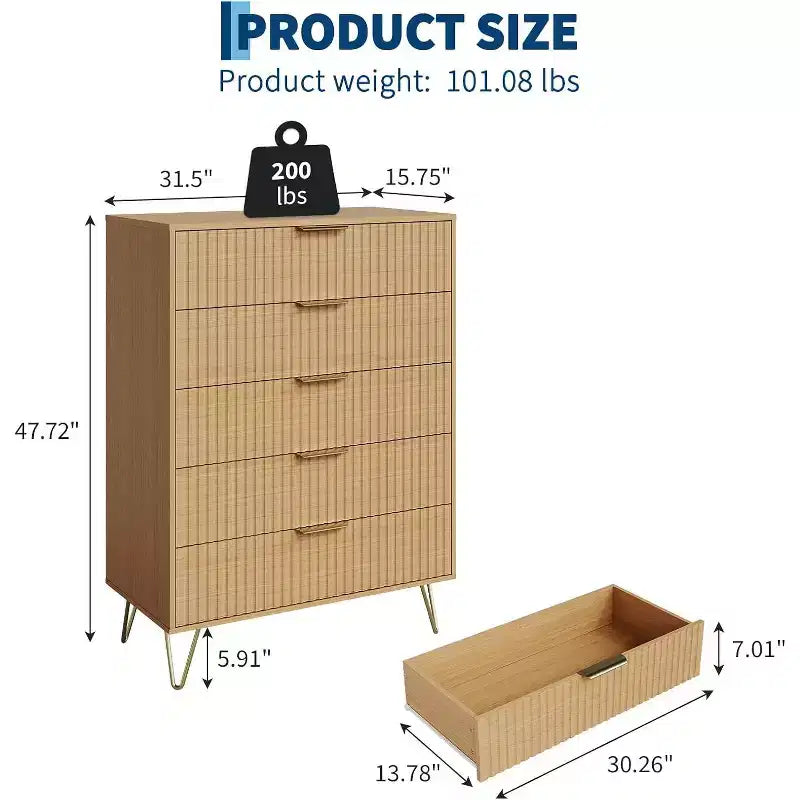 Fluted Dresser for Bedroom with 5 Drawers,32 Wide Modern Chest of Wooden Bedroom Chest with Metal Handle, Wide Clothes Storage Organizer TV Stand