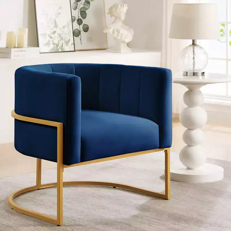 Velvet Accent Chair With Cushion, Golden Metal Stand, Curve Backrest Upholstered Vanity Chair, Home Leisure Chair