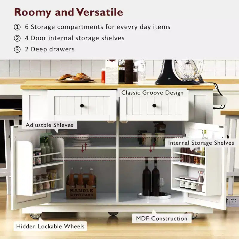 Kitchen Island with Storage,Rolling Kitchen Storage Carts with Drop Leaf,Power Outlet,Racks,Drawers and Locking Wheels Room White