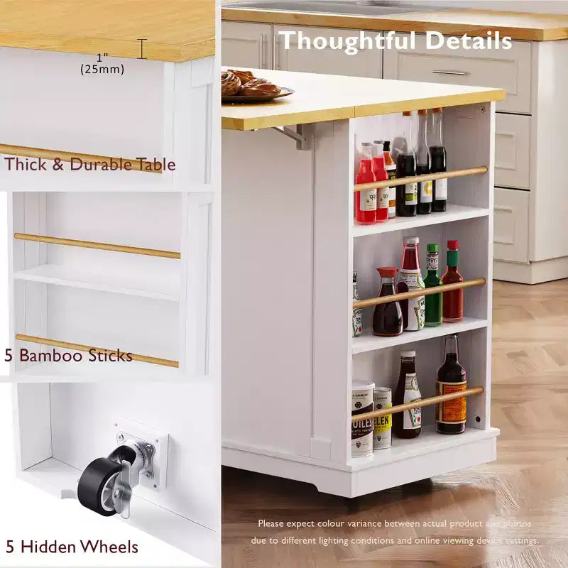 Kitchen Island with Storage,Rolling Kitchen Storage Carts with Drop Leaf,Power Outlet,Racks,Drawers and Locking Wheels Room White