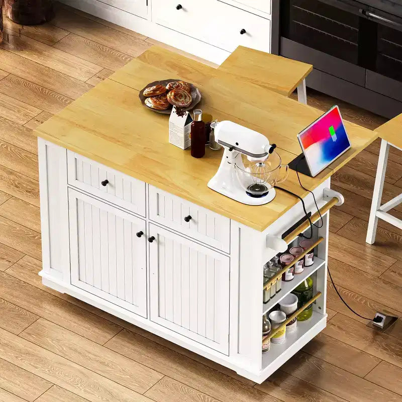 Kitchen Island with Storage,Rolling Kitchen Storage Carts with Drop Leaf,Power Outlet,Racks,Drawers and Locking Wheels Room White