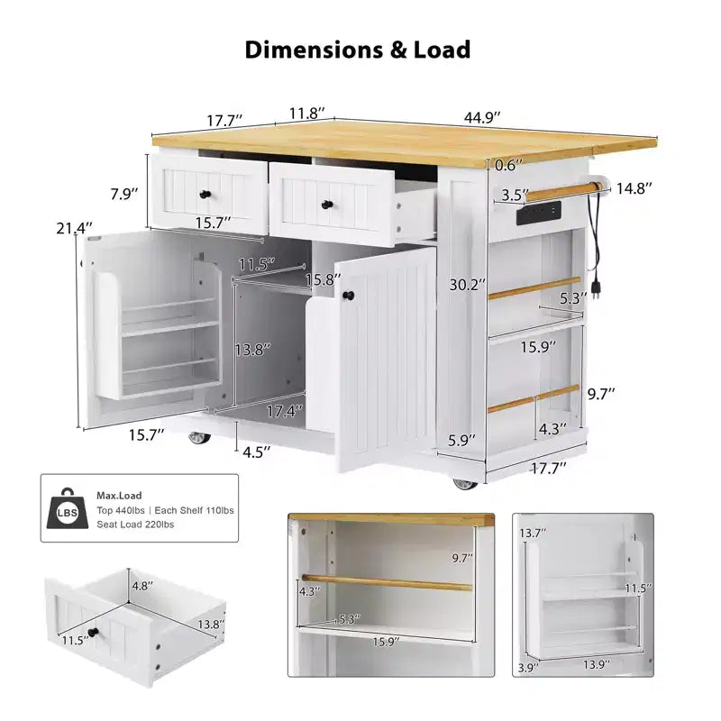 Kitchen Island with Storage,Rolling Kitchen Storage Carts with Drop Leaf,Power Outlet,Racks,Drawers and Locking Wheels Room White