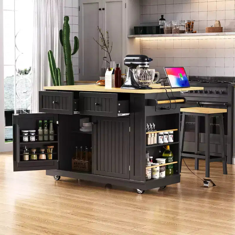 Kitchen Island with Storage,Rolling Kitchen Storage Carts with Drop Leaf,Power Outlet,Racks,Drawers and Locking Wheels Room White