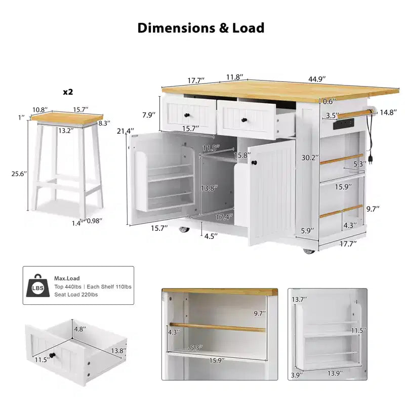 Kitchen Island with Storage,Rolling Kitchen Storage Carts with Drop Leaf,Power Outlet,Racks,Drawers and Locking Wheels Room White